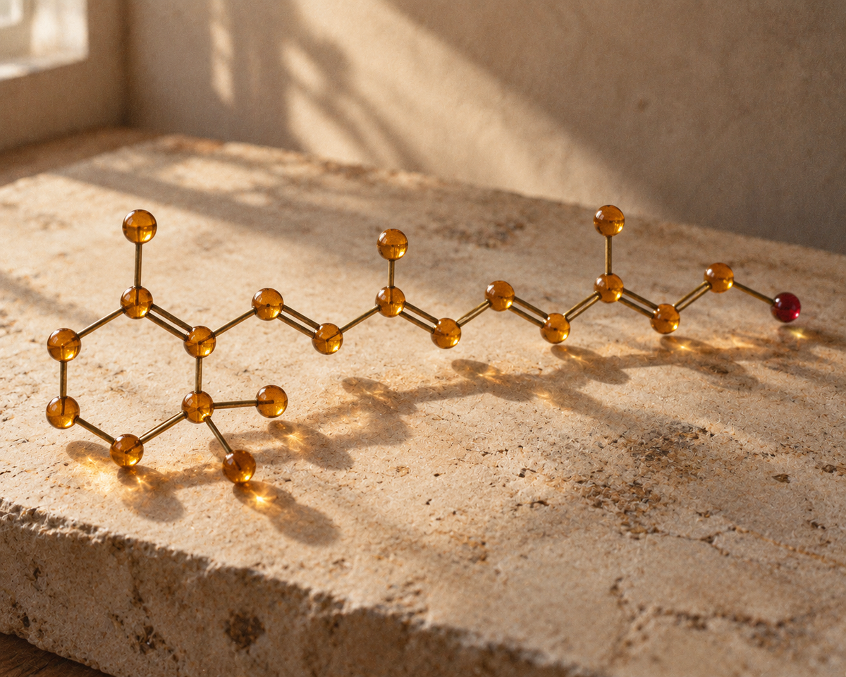A retinol (vitamin A) molecular model in amber glass and brass, lit by warm window light on a stone slab
