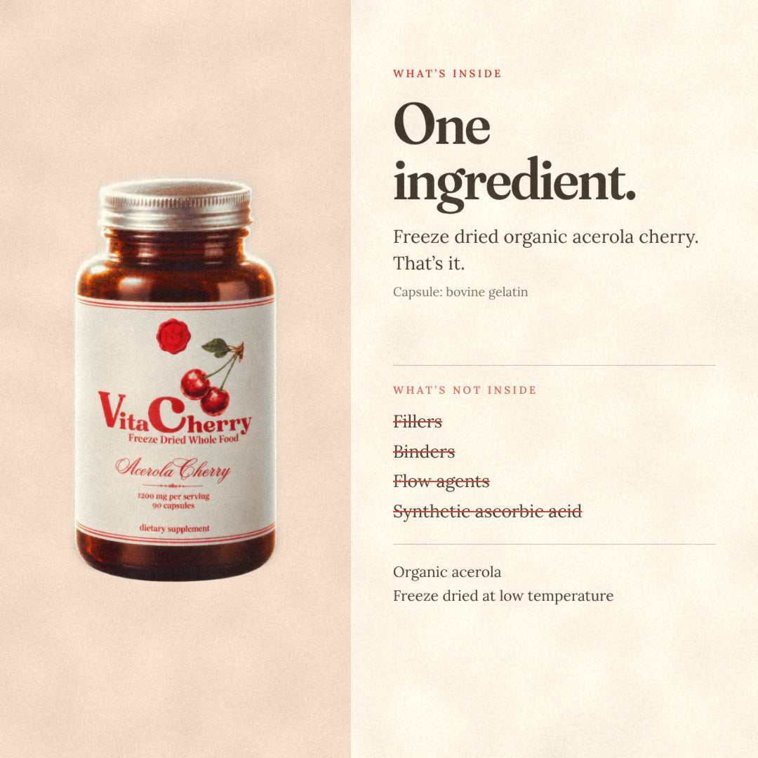 Acerola Cherry ingredients: freeze dried organic acerola cherry, nothing else