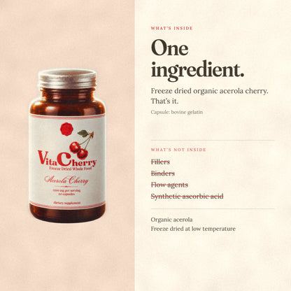 Acerola Cherry ingredients: freeze dried organic acerola cherry, nothing else