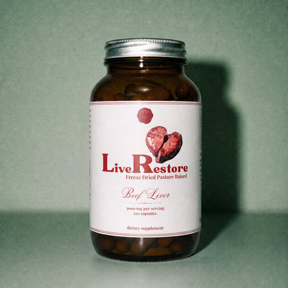 LiveRestore beef liver capsules, part of the Liver + Oyster Bundle by Nutrimal