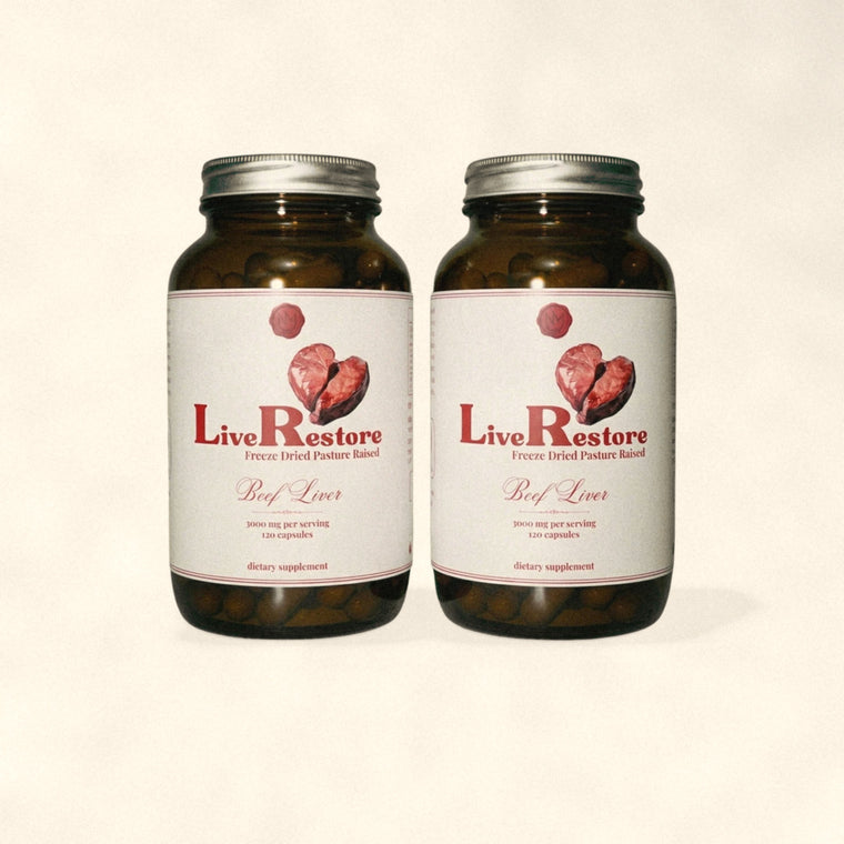 Two bottles of LiveRestore grass fed beef liver capsules by Nutrimal