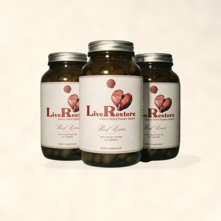 Three bottles of LiveRestore grass fed beef liver capsules by Nutrimal