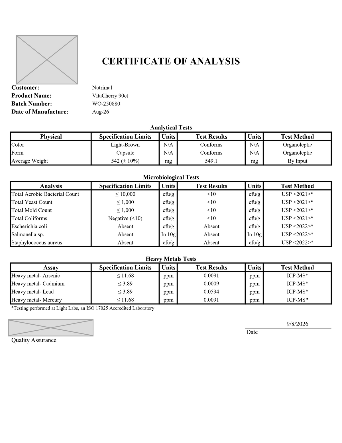 Acerola Cherry whole-food vitamin C certificate of analysis (lab test results), batch WO-250880