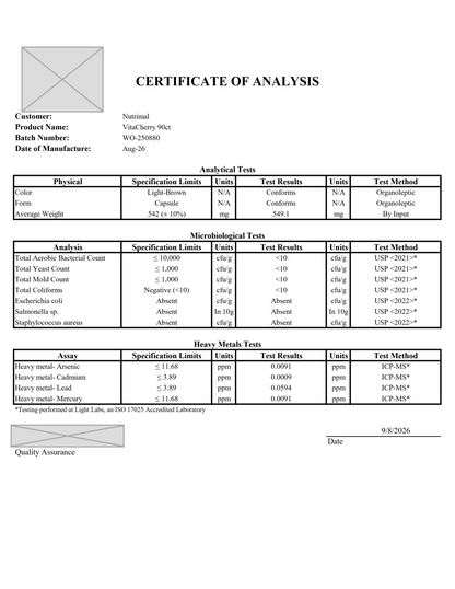 Acerola Cherry whole-food vitamin C certificate of analysis (lab test results), batch WO-250880