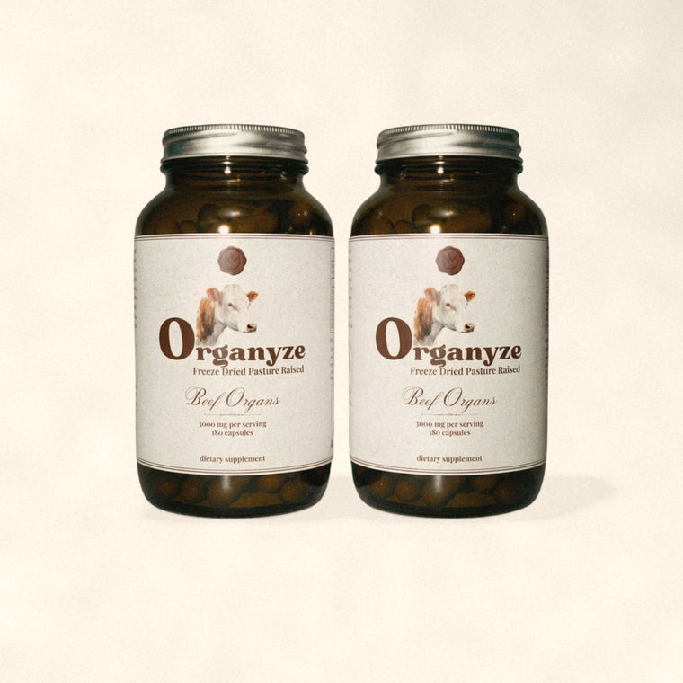 Two bottles of Organyze grass fed beef organ capsules by Nutrimal