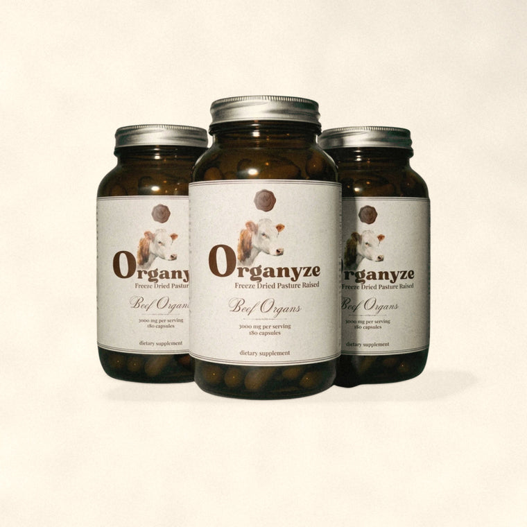 Three bottles of Organyze grass fed beef organ capsules by Nutrimal