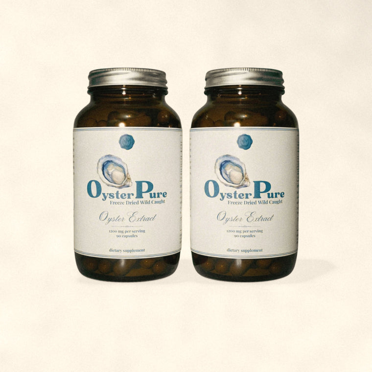 Two bottles of OysterPure freeze dried oyster capsules by Nutrimal
