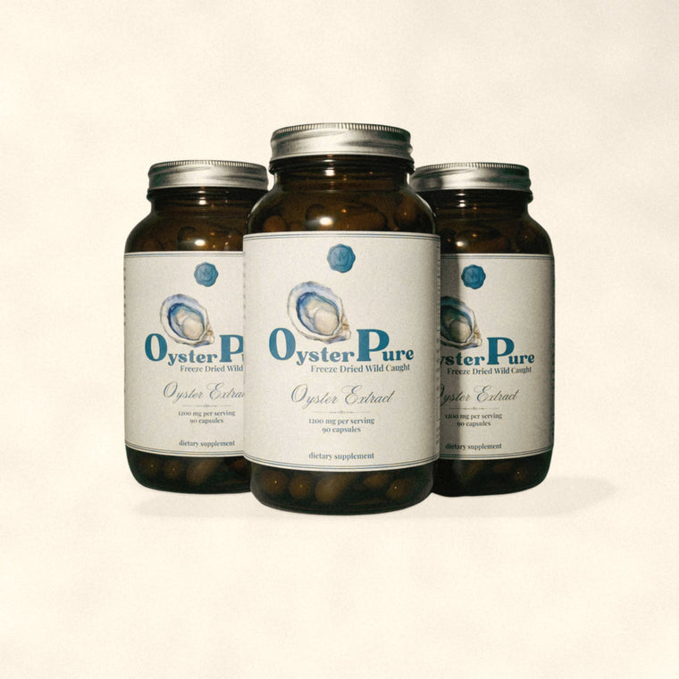 Three bottles of OysterPure freeze dried oyster capsules by Nutrimal